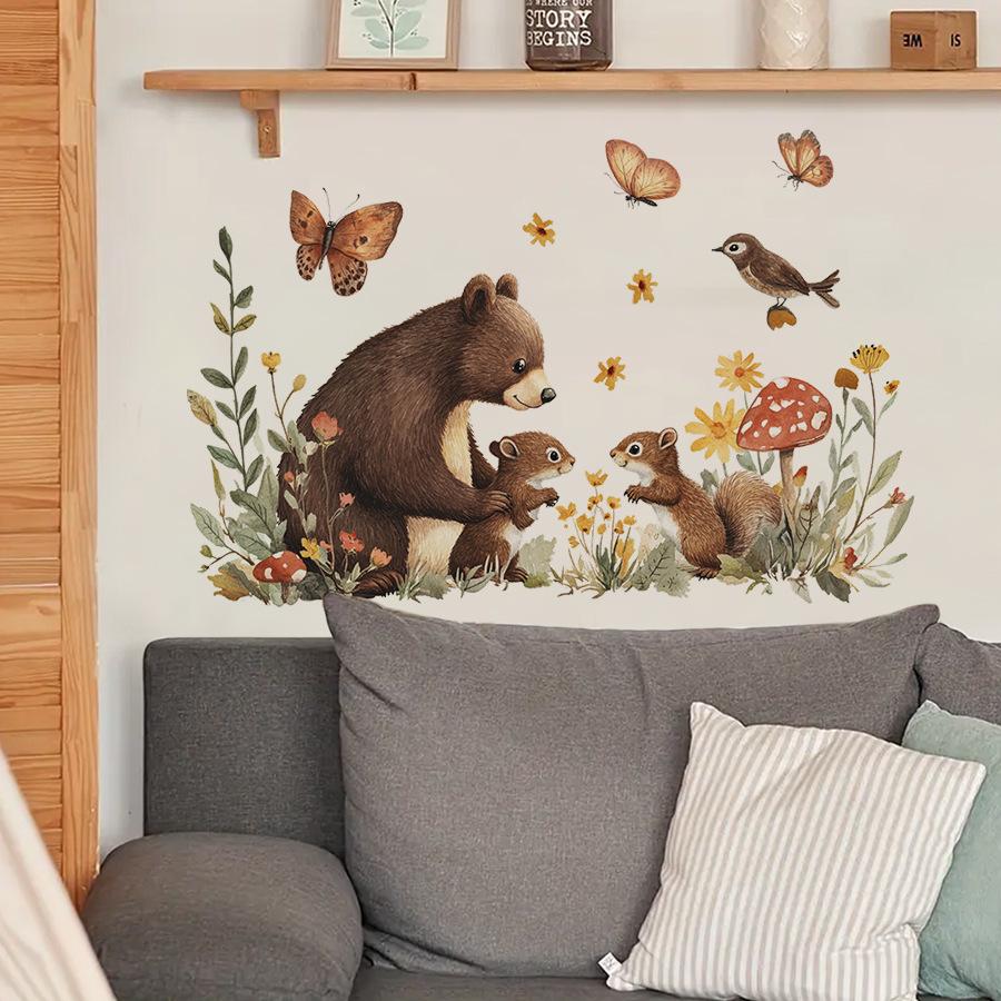 Self-adhesive Forest Style Bear and Squirrel Wall Stickers for Kids Room Bedroom Warm Home Decor