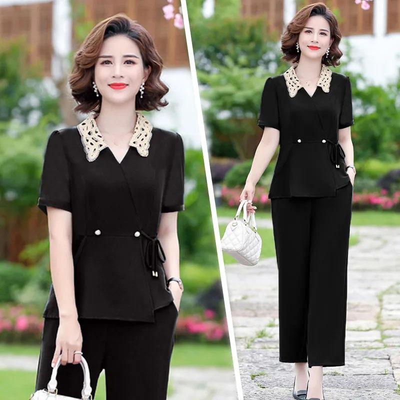 Solid Color Chiffon Suit Summer Office Lady Loose Casual Two-piece Short-sleeved Shirt + Loose Wide-leg Pants Summer
