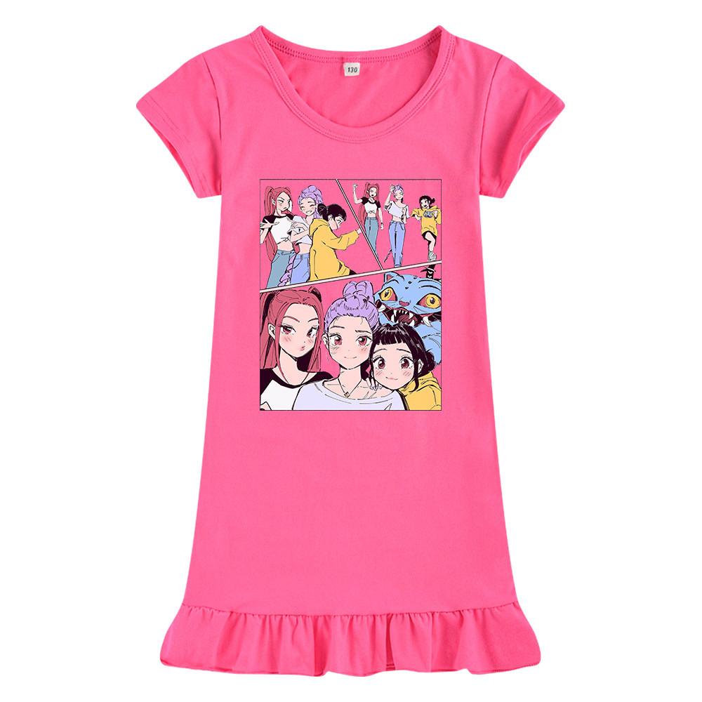 M1238 Kids Girls Kpop Rumi Zoey Mira Print Short Sleeves Ruffle Dress