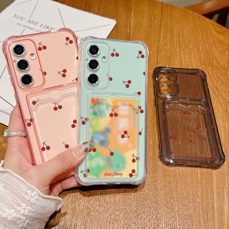 Motif Petite Cerise Fente pour Carte Transparente Coque en Silicone Pour Xiaomi 14T 13T Pro Poco F6 Pro X6 C65 Redmi Note 13 12 Pro 11 Antichoc Fine Souple Housse de Téléphone