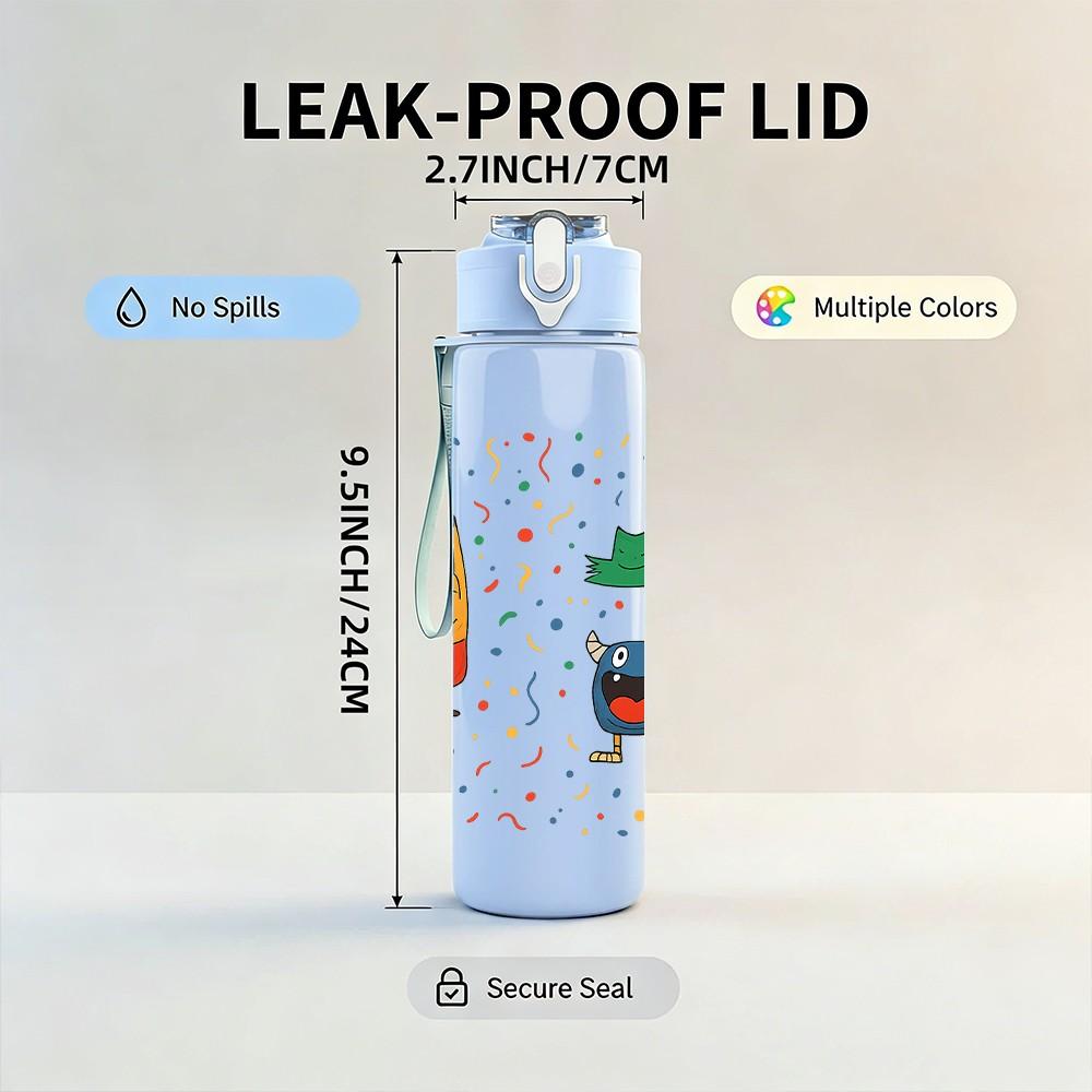 1PC Confetti Party Character Print 750ml Color Plastic Sports Water Bottle Leakproof Flip Straw Lid Suitable for Sports Office Home Use