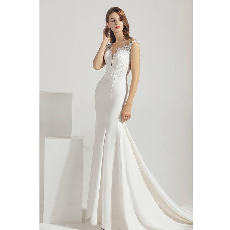 Sexy Mermaid Wedding Dress - V-Neck Lace Bridal Gown for Bride, Slim Fit Long White Dress with Train, Honeymoon & Travel Photo Shoot Dress