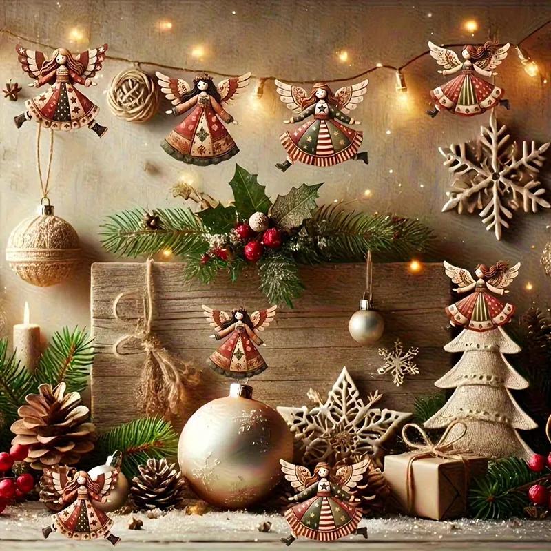 Vintage Christmas Wooden Angel Ornaments Wood Laser-Cut Rustic Christmas Tree Pendant Decorations for Home Xmas Winter Party
