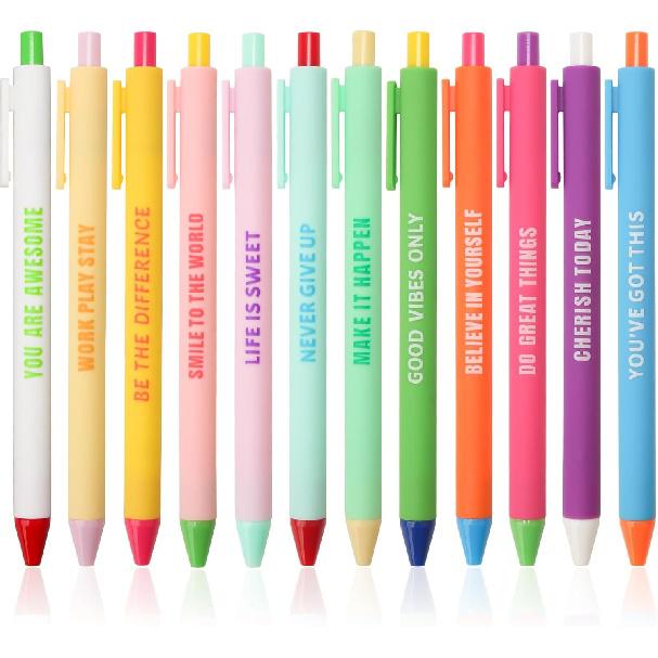 CAIGANS&CM 12 Pcs Motivational Retractable Ballpoint Pens with Positive Affirmations - Funny pirational Quote Pens for Office, School, Home (Bulk