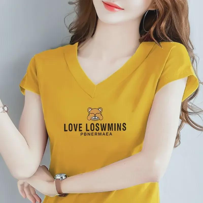 

2024 Женская свободная футболка из чистого хлопка с V-образным вырезом и короткими рукавами для мам среднего возраста 2XL