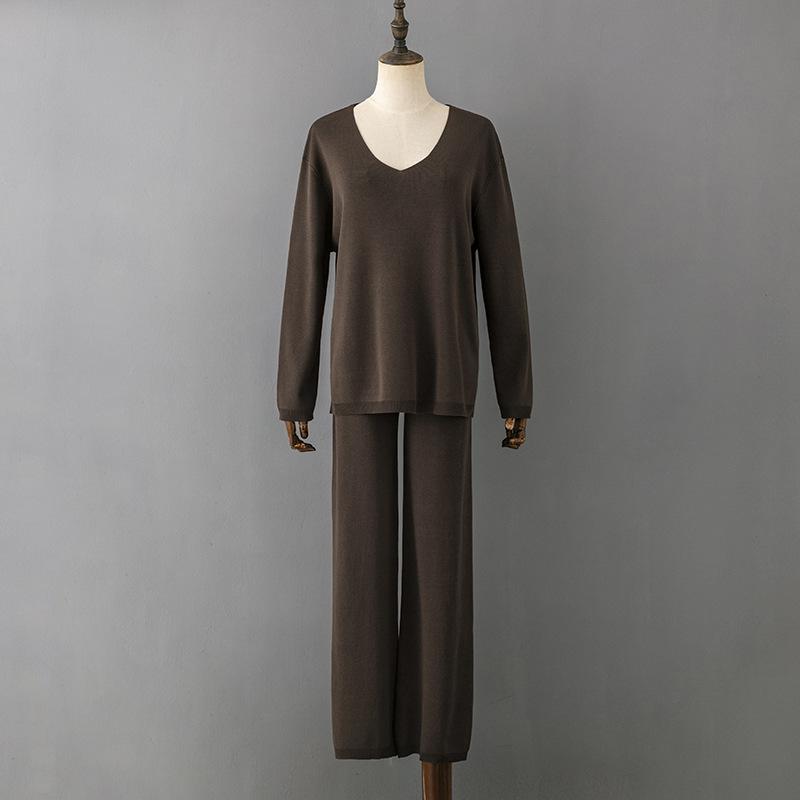 Women Spring Autumn Solid Color V Neck Ice Silk Pant Suits Relaxed High Waist Sweater Two Piece Set