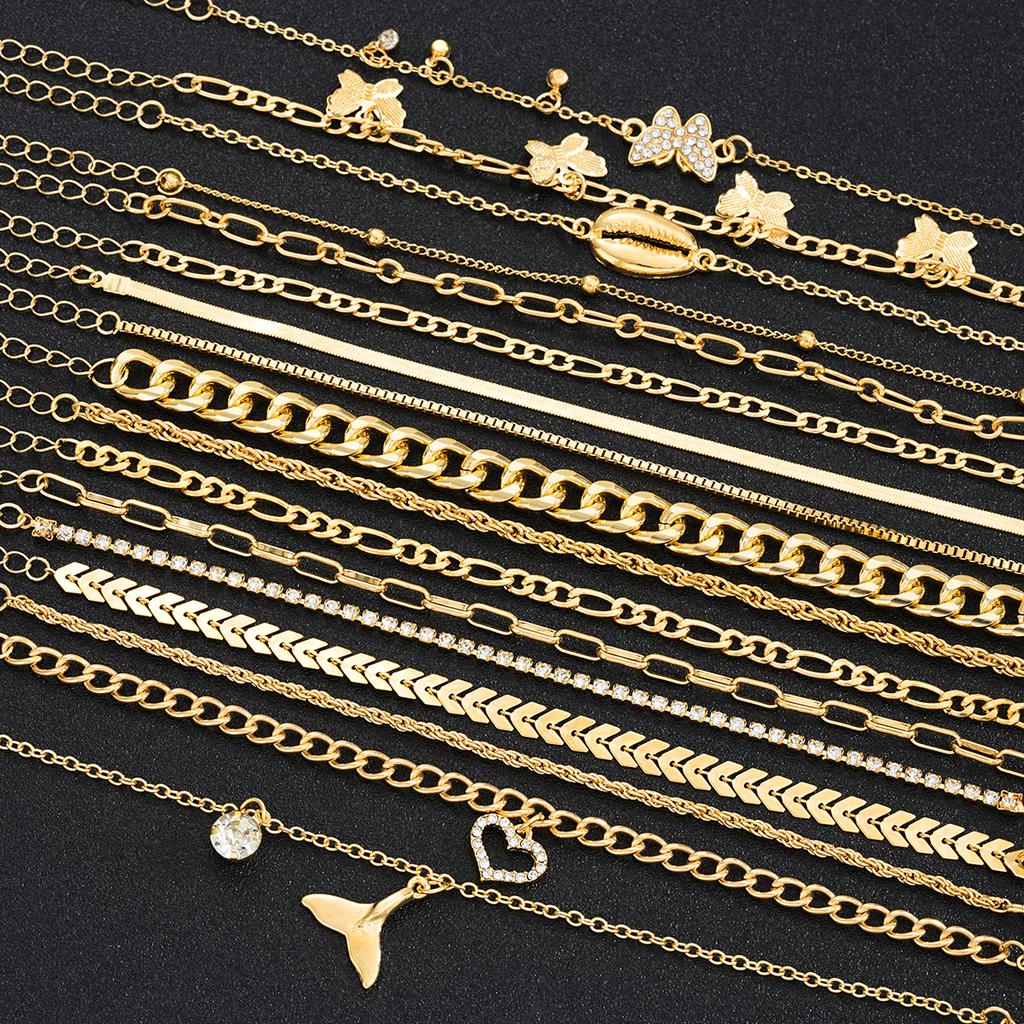 17Pcs/Set Bohemian Butterfly Heart Bracelets Set for Women Summer Seaside Gold Color Conch Fishtail Zircon Bracelets Jewelry New