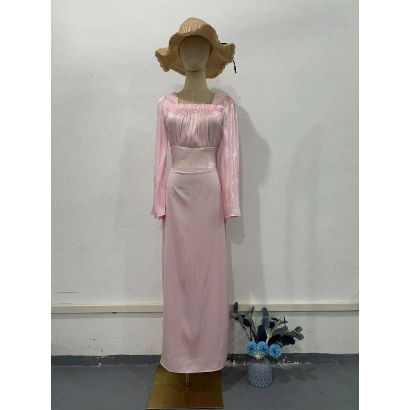 European and American Square Collar Patchwork Pleat Sweet Solid Bell Sleeve Sheath Dress Women Dress