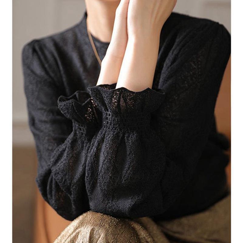 White Knitted Shirt Long Sleeve Hollow Bottom Shirt Trumpet Top Early Autumn Women's Wear