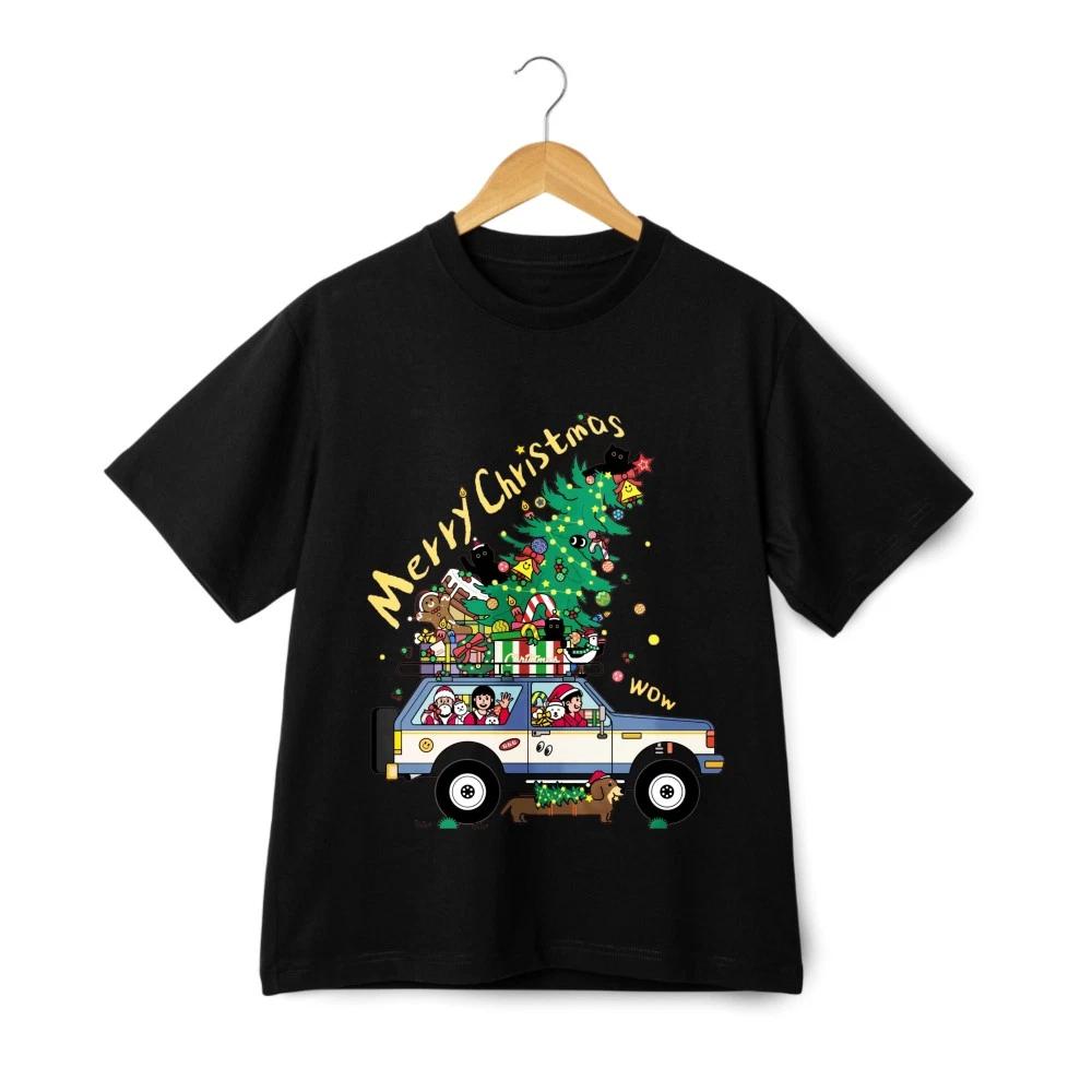 Santa & Pup Christmas Car Graphic T-Shirt-Unisex Festive Casual Holiday Tee 2XL