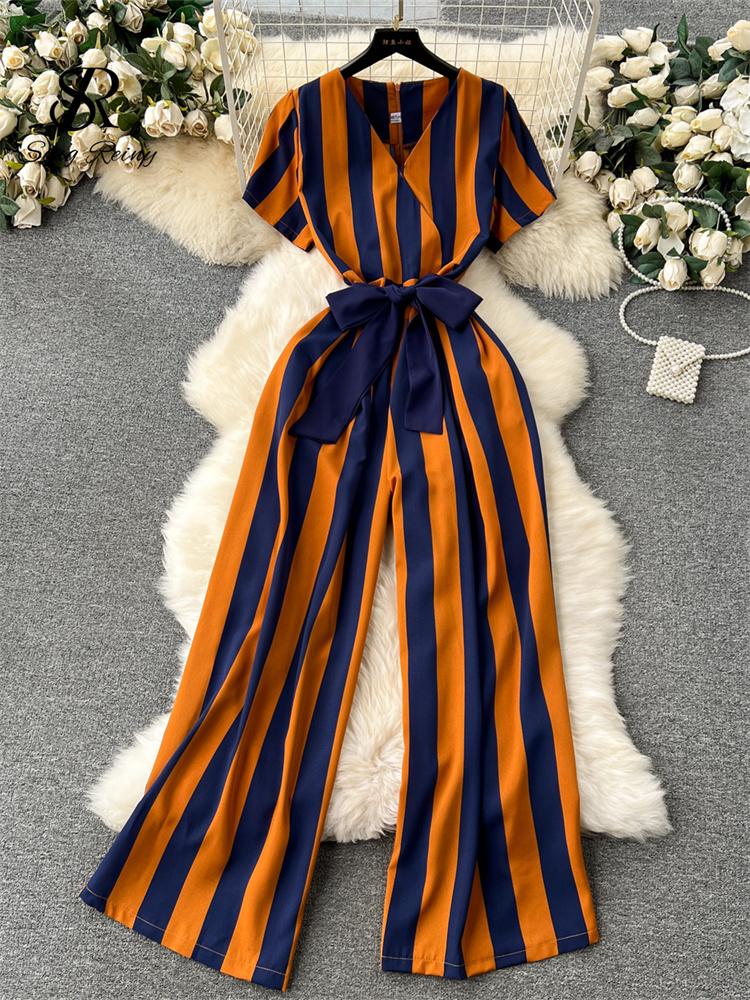 Women Jumpsuits Fashion V Neck Lace Up Loose Wide Legs Pants  New Design OL Color Block Stripe Bodysuits