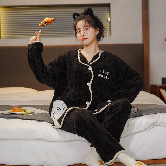 Coral Fleece Thickened Pajamas Women Autumn Winter Plush Added Sweet Cute Pink Girl Flannel Home Clothes Set Casual Nightwear