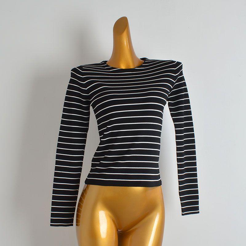 Export Cut Label Contrast Color Stripes round Neck Pullover Knitwear Women's Clothing Fall/Winter Slim Slimming and Short Long Sleeves Bottoming Shirt