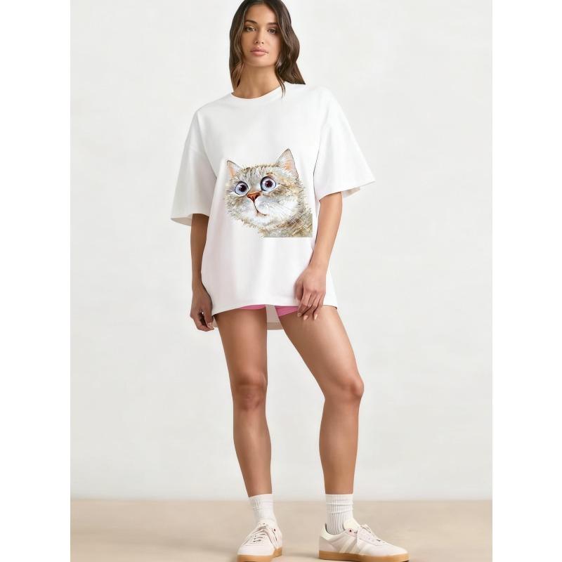 Oversized T Shirt Black Cat Face Print Casual Wear for Women