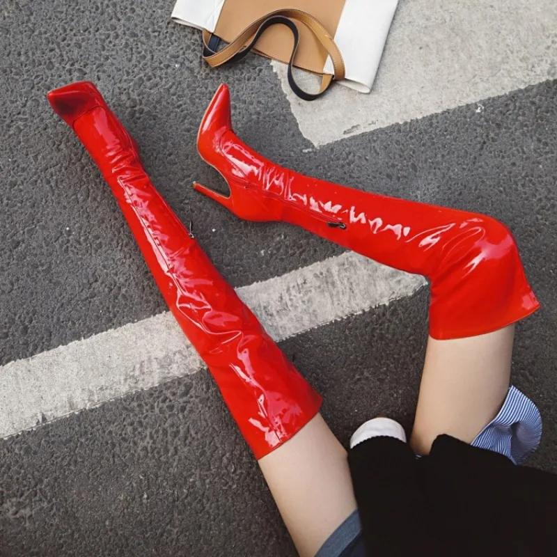 Women Boots Over The Knee Sexy Fashion Boot 10.5CM Stiletto New Patent Leather Side Zipper Pole Dance Nightclub White Women Shoe