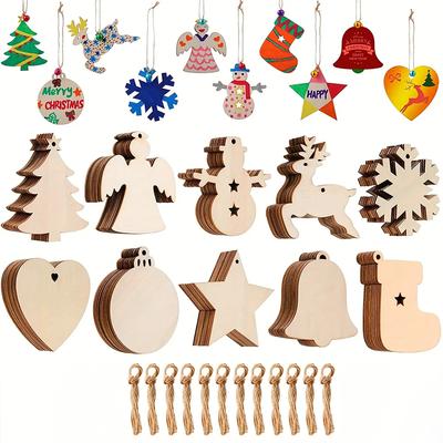 10/100 Stück Weihnachten Unfertige Holz Schneeflocke Elch Ornamente zum Aufhängen Ausschnitte Leere Holzscheiben mit Schnur Bastelverzierungen