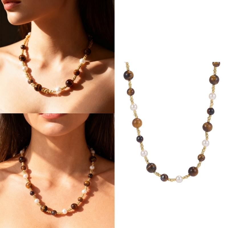 Natural Tigers Eye Stone And Pearls Beaded Necklace Handcrafted Sturdy Hand strung Beaded Necklace For Elegant Occasions
