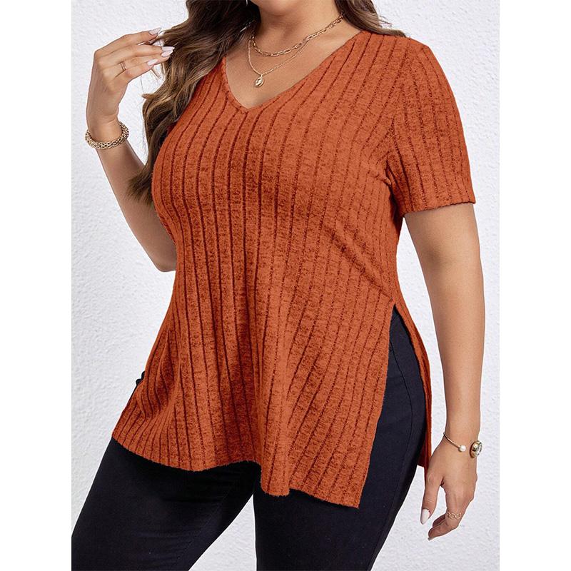 

Весна и лето 2025 Новые однотонные женские топы больших размеров V-образный вырез, рубчик, короткий рукав с разрезом, футболка-пуловер 5XL оранжевый