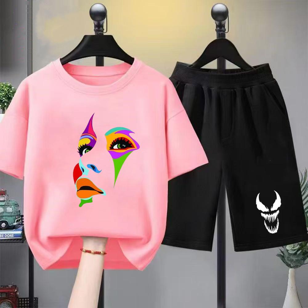 Hip Fashion Hop Trend Street Art Print Summer T-shirt+shorts Boy Black Girl Sets T-shirt kids Tops Casual Tees round neck-Neck
