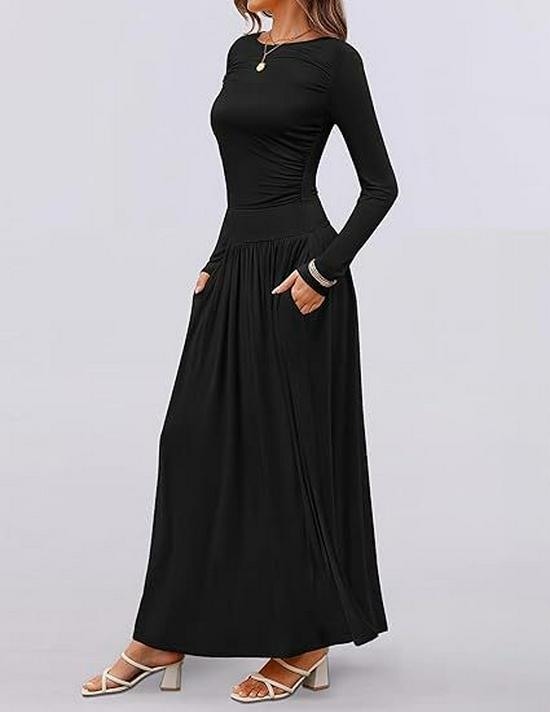 2025 Cross-border Women's Round Neck Pleated Pocket Slim Fit Long Sleeve Knit Dress