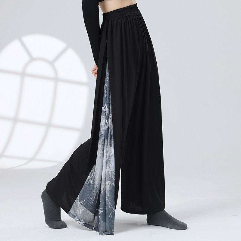 Women's Chinese Style Modern Classical Dance Pants - Ink Wash Painting Paneled Loose Practice Trousers for Dance & Leisure