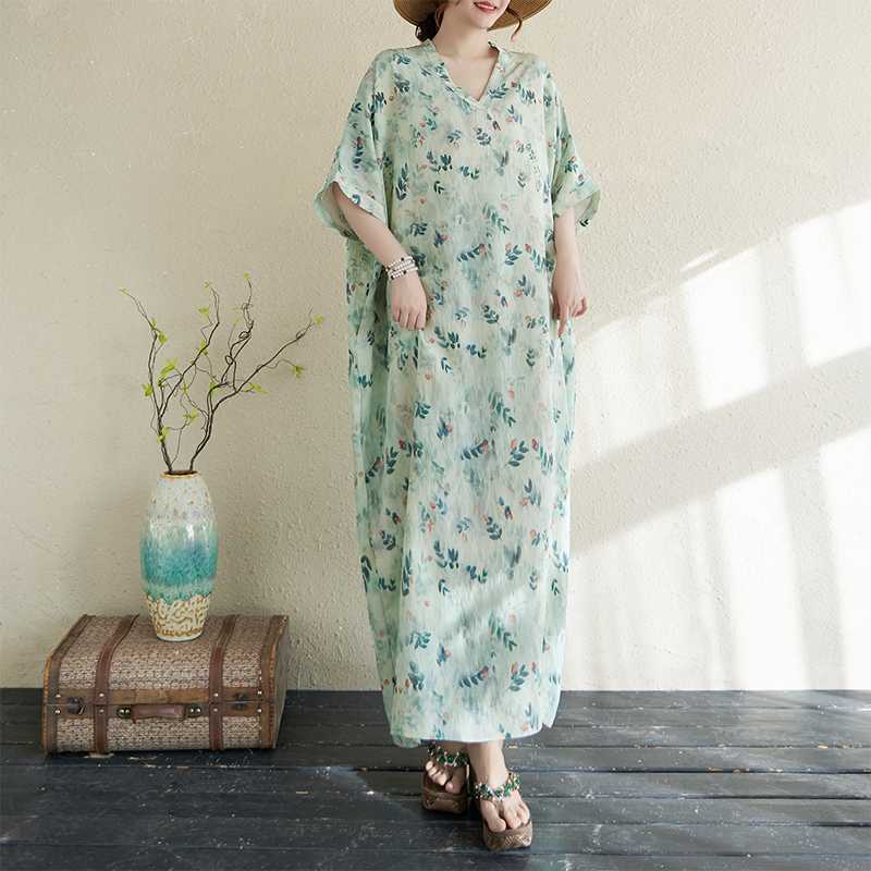 

Женское летнее цветочное платье макси с вырезом на шее, бохо, для отпуска, из дышащей льняной смеси, свободного кроя, пляжная накидка One Size