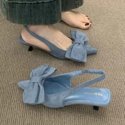 Bow Women Sandals Elegant Pointed Toe Mid Heeled Shoes Sexy Slingback Slippers 2025 Summer Pumps Fashion Luxury Sandalias Mujer