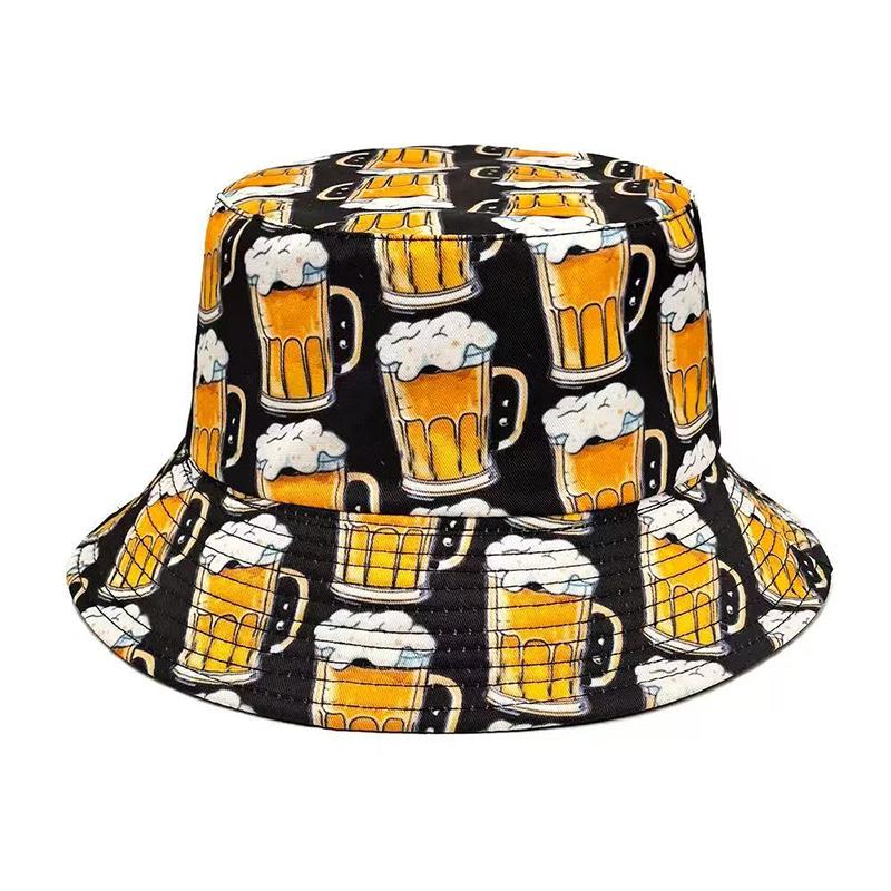 Beer Printed Fisherman Hat Reversible and Versatile Basin Hat for European and American Men Outdoor Beach Sun Hats