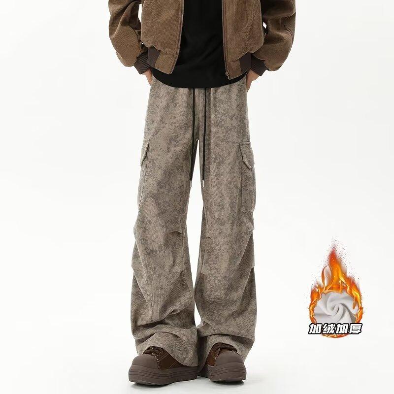 

Tie-dye corduroy overalls men s autumn and winter fleece ruffian handsome American wide-leg trousers straight loose casual pants 3XL