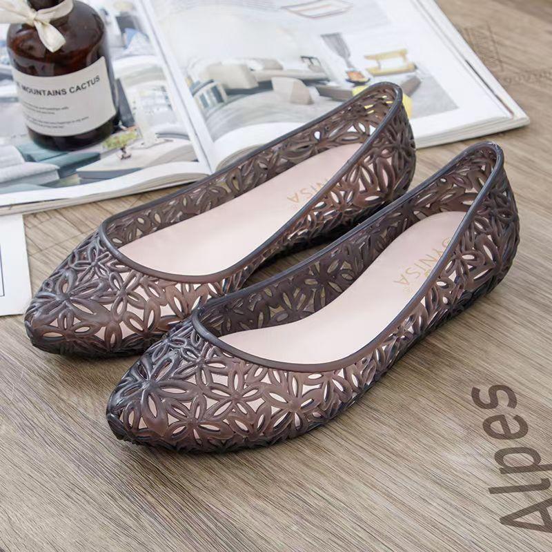 Women's Summer New Flat Sole Jelly Sandals Pointed Toe Hollow Out Shallow Slip On Injection Molding Beach Sandals Cave Shoes