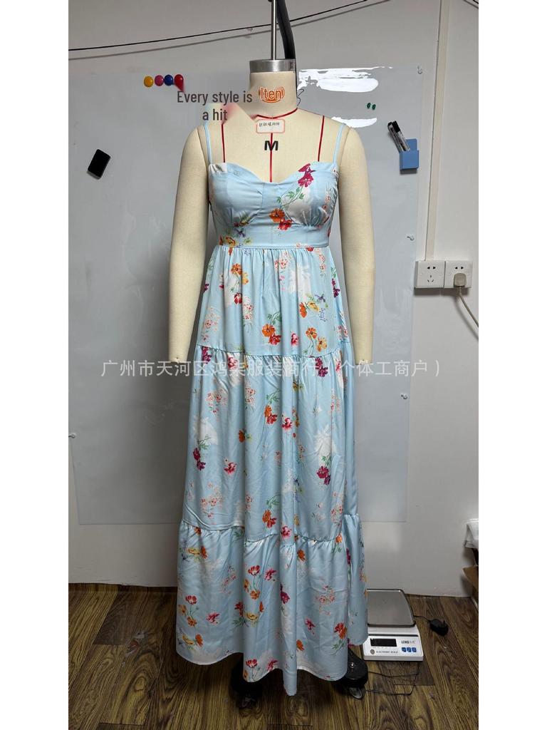2026 Women's Fashion Printed Spaghetti Strap Sleeveless Backless Dress