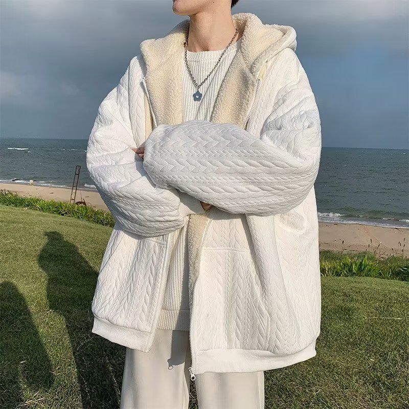 Men's Trendy Hong Kong Style Lambskin Cotton Hooded Jacket - Winter Wear, Loose Fit, Plus Velvet Thickened, All-Match Design.