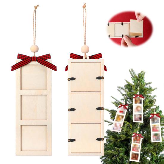 Festive Tree Ornament for Photos Christmas Wooden Photo Frame Ornament, DIY Hanging Picture Holder with Reusable Holiday Ribbon Bow, Decor, Party