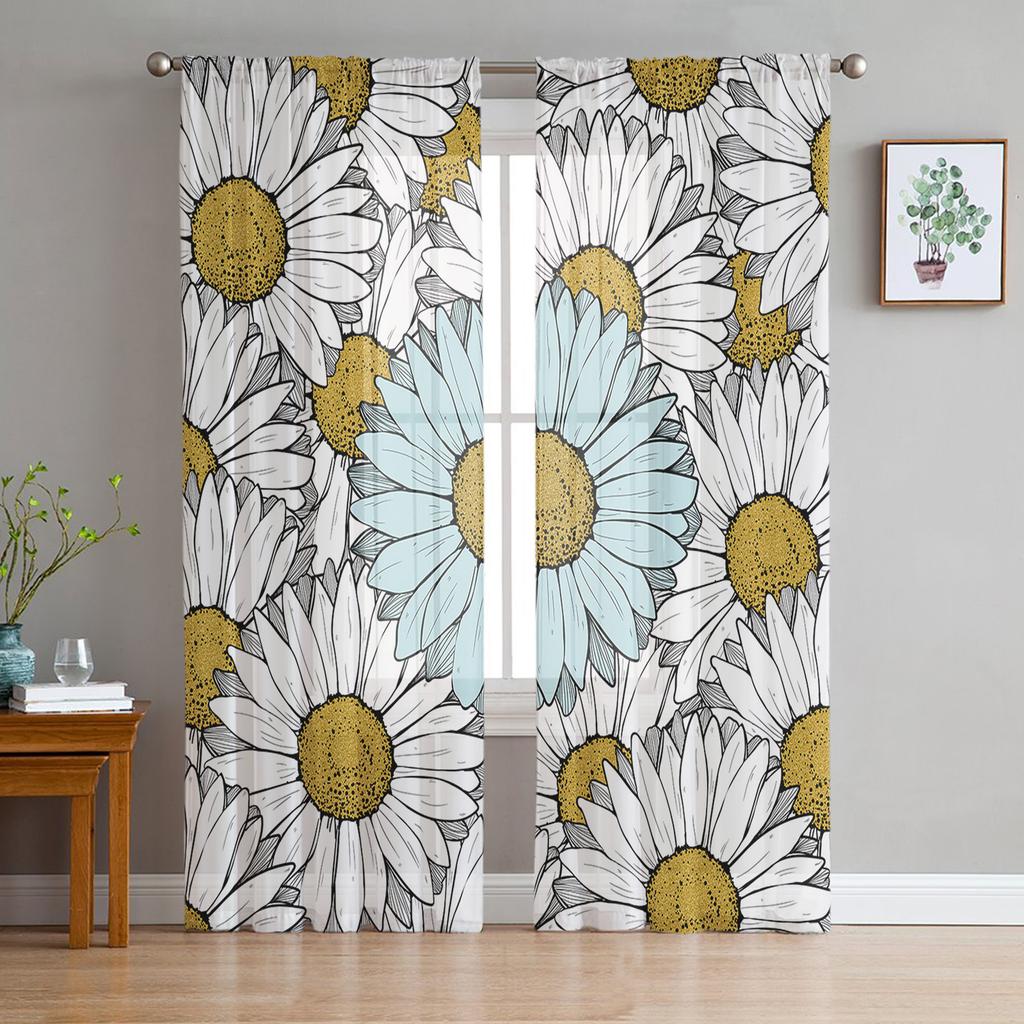 Flower Chrysanthemum Watercolor Sheer Curtains Modern Gauze Curtain for Living Room Bedroom Voile Yarn Curtains