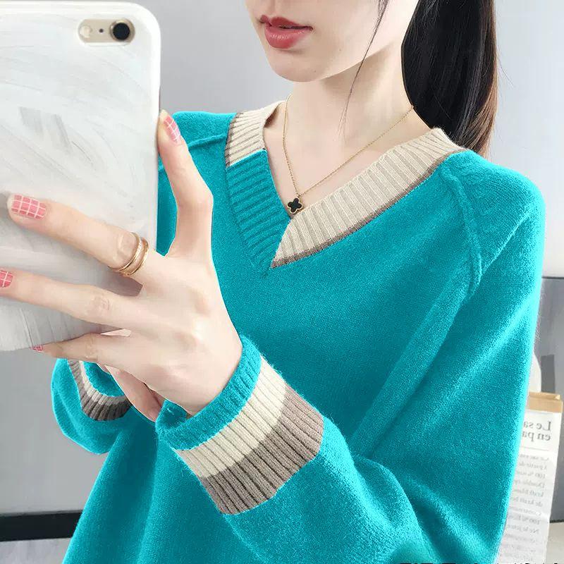 Women's V Neck Sweater Spring Fall Pullover Knit Jumper Outerwear Loose Knit Sweater Top