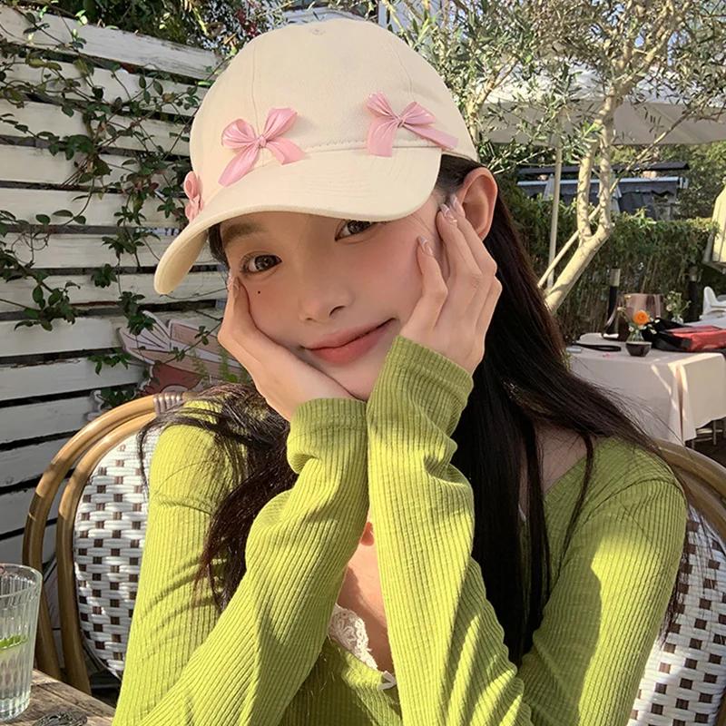 Sweet Korean Pink Bow Baseball Cap For Lady Girl Soft Cotton Adjustable Peaked Hat Outdoor Wide Brim Sun Protection Visors Hats