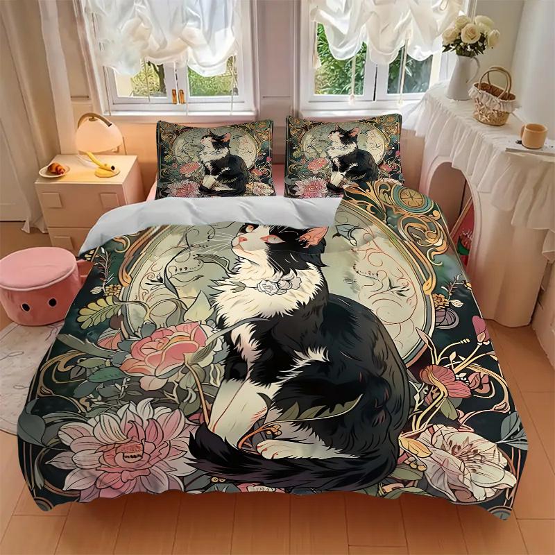 3pcs Black and White Cat Bedding Set, Includes 1 Quilt Cover and 2 Pillowcases, Comfortable Bedding with Stylish Design for Bedroom