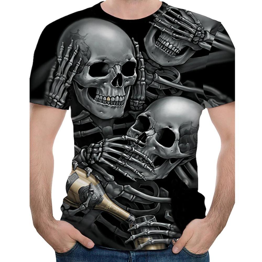 Fashionable Skeleton Themed 3D Printed Men's Cool Street Round Neck Short Sleeved T-shirt