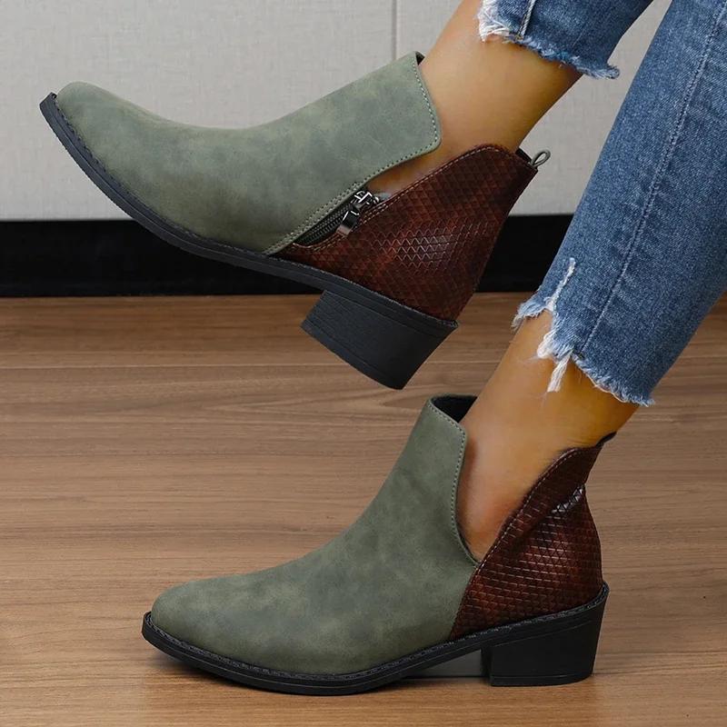 Fashion Women's Shoes 2024 Hot Sale Zipper Women's Boots Autumn Round Toe Mixed Colors Flock Short Barrel Mid Heel Large Size Boots