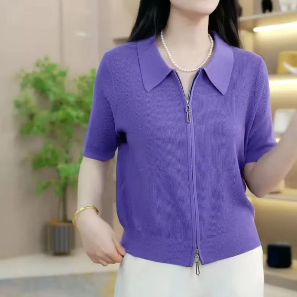 Ice Silk Polo Neck T-shirt Short Sleeve New Fashionable Fashionable Shoulder Zipper Belly-covering Short Lapel Top