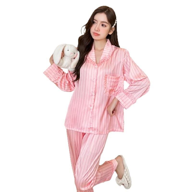 1011 autumn new ice silk pajamas women's long-sleeved trousers thin cute striped printed loungewear set
