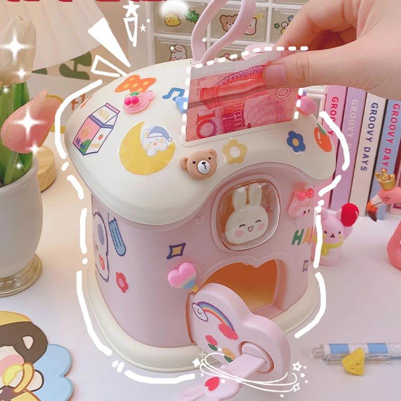 Cartoon Diy Stickers Piggy Bank With Sticker Kawaii Large Capacity Cute Small House Key Piggy Bank Storage Box Holiday Gifts Kid