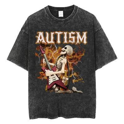 Autismus Skelett Meme T-Shirt Lustiger Schädel Humor Kurzarm T-Shirts Herren Damen Vintage gewaschenes Oversized Baumwoll-T-Shirt