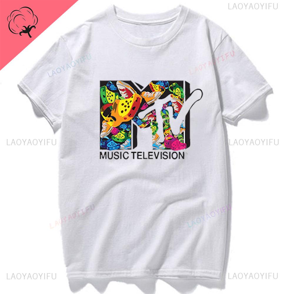 

Женская футболка с графикой MTV, забавная мужская одежда, хип-хоп, классический логотип MTV, винтажная, парная, хлопковая футболка, модная уличная одежда, короткая S