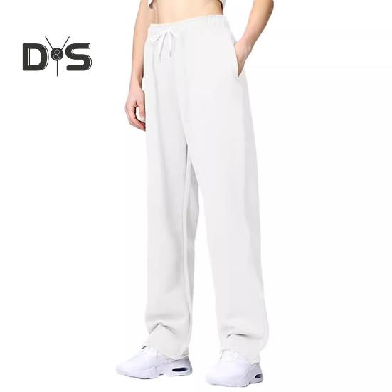 Women Pants Mid-rise Elastic Waist Adjustable Drawstring Long Trousers Solid Color Straight Wide Leg Autumn Winter Sport Trousers