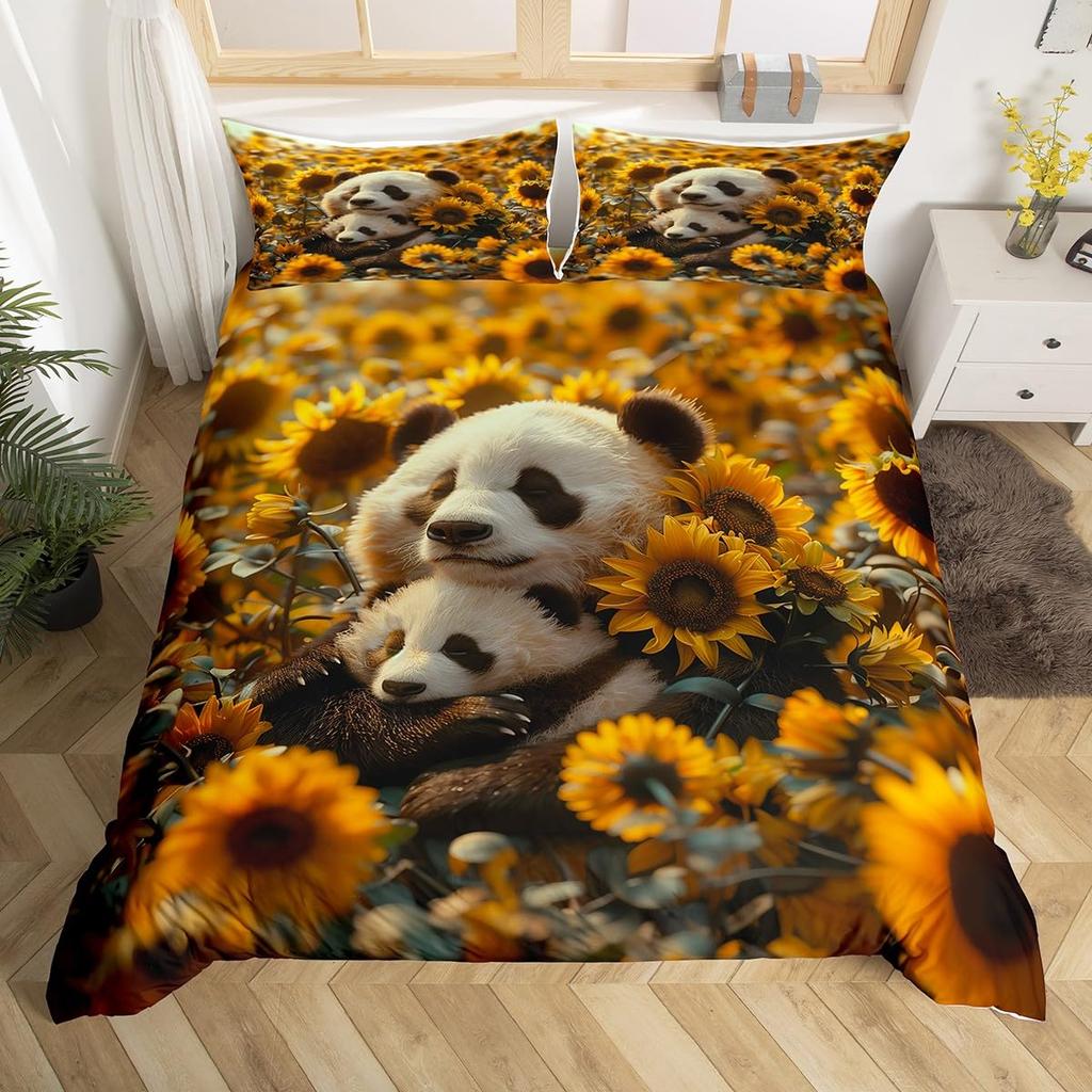 Cute Panda Duvet Cover Set Twin Queen Cartoon Wild Animal Bedding Set Minimalism Hand Drawn Comforter Cover Kawaii Room Decor