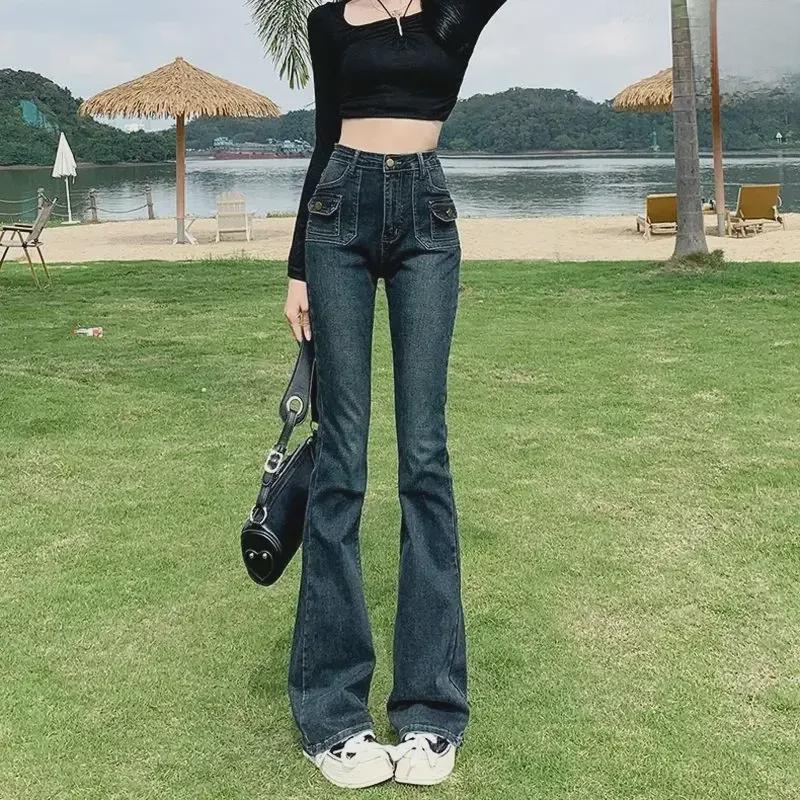 Versatile High-Waist Blue-Gray Flared Denim Trousers with Double Pockets, Elastic Slim Fit