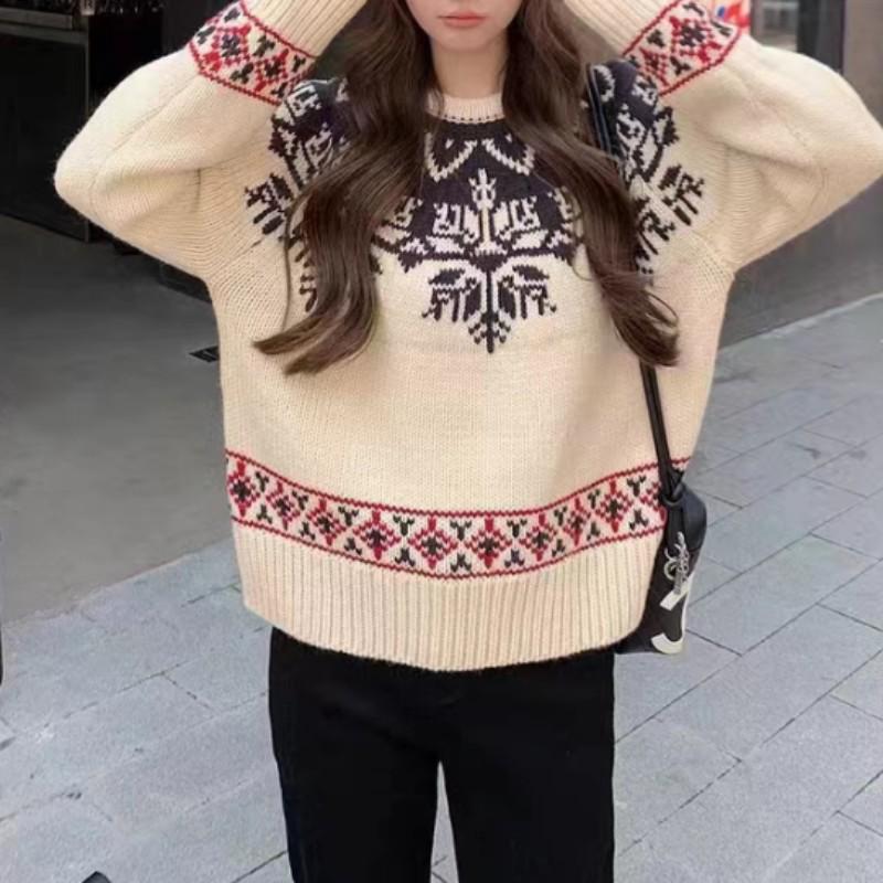 2025 Autumn/Winter Korean Style Soft Jacquard Loose Knit Pullover Sweater for Women