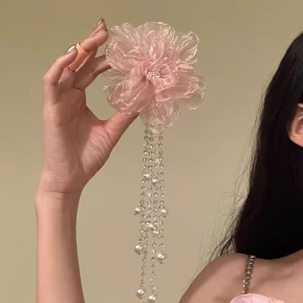 

Pink Gauze Hairpin Pearls Headwear Elegant Peony Flower Hair Clip Women