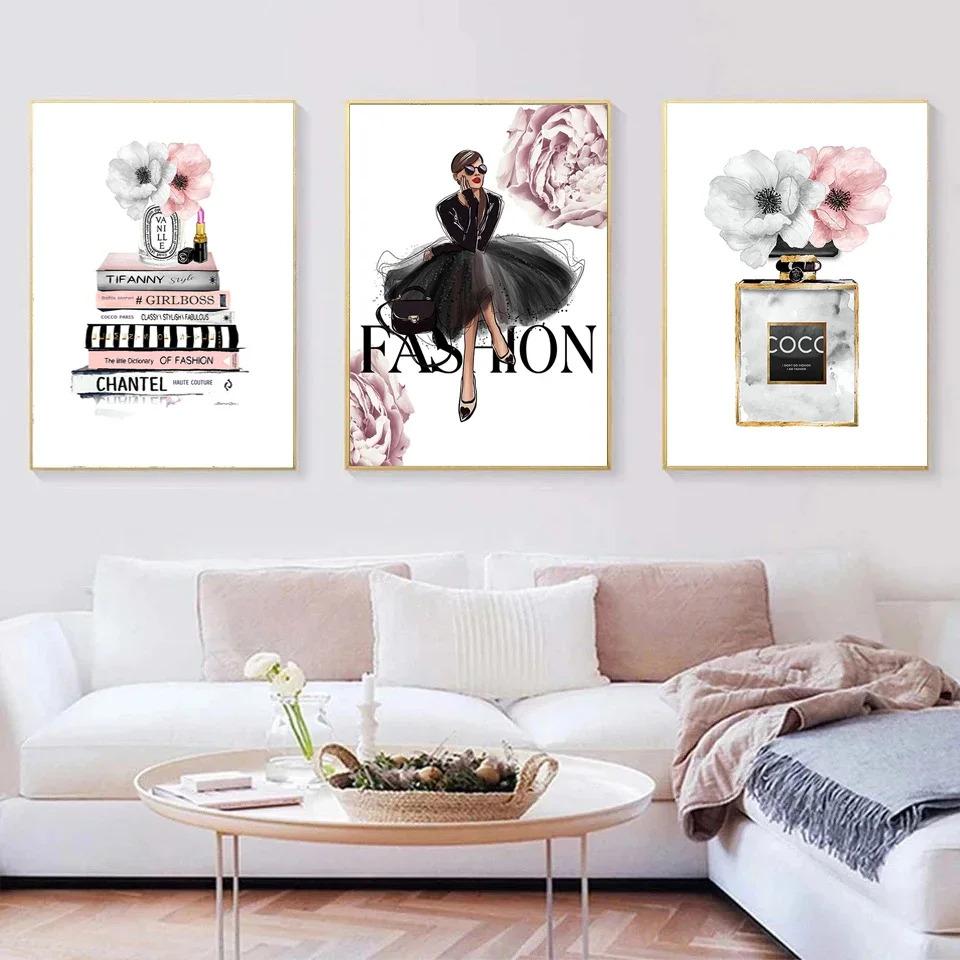 Pósteres de Perfume para Mujer Moda Impresiones Fotos Flor Rosa Labios Sexy Maquillaje Chicas Arte de Pared Pinturas en Lienzo para Decoración de Habitación Nórdica